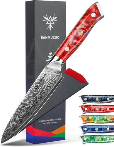 Miniatura 7 de Cuchillo utilitario de cocina de 5 pulgadas, cuchillos de cocina de la serie Xuan, acero de damasco VG10 con mango de resina (naranja fantasía)