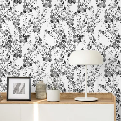 Miniatura 4 de VEELIKE Chinoiserie - Papel tapiz floral bohemio para despegar y pegar en blanco y negro, 17.7 x 118 pulgadas, decoración de pared autoadhesivo