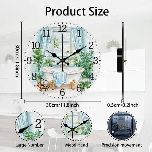 Miniatura 2 de CHGCRAFT Reloj de pared con escena de baño, reloj sin tictac, 12 pulgadas, redondo, decorativo, reloj de pared impreso para decoración de oficina