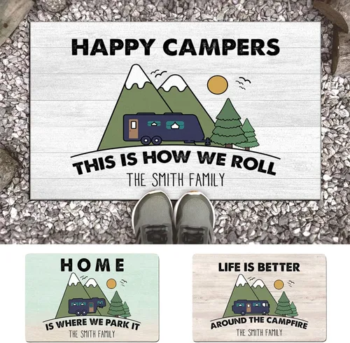 Miniatura 5 de Felpudo personalizado de Happy Campers RV – Tapete personalizado con nombre de la familia Home is Where We Park It; tapete para puerta de estilo 2