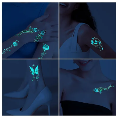 Miniatura 5 de Konsait 18 hojas de tatuajes temporales que brillan en la oscuridad para mujeres y niñas, tatuajes de luz azul y negra, tatuaje de flores