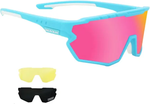 Sports Sunglasses Cycling Glasses Pink Polarized Glasses Baseball glasses with 3 lenses,Fishing,Ski Running Golf azul rosa