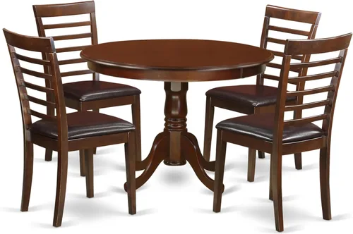 East West Furniture HLML5-MAH-LC - Juego de mesa de comedor de 5 piezas para 4 personas, incluye una mesa de cocina redonda con pedestal y 4 sillas