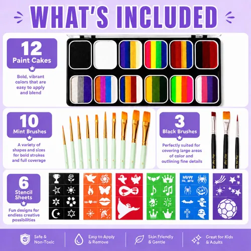 Miniatura 3 de SPRINGSKY Kit de pintura facial de 39 colores: kit profesional de pintura facial con 6 plantillas y 13 pinceles, kit de maquillaje de pintura facial