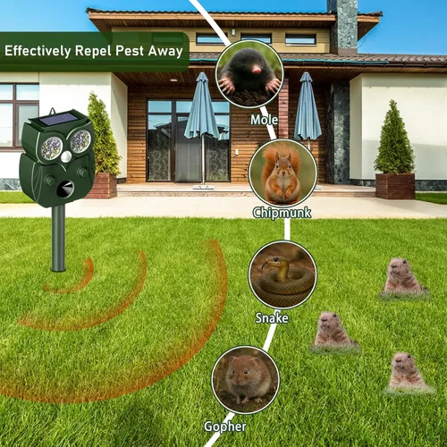 Miniatura 2 de Repelente de animales para exteriores, alimentado por energía solar, ultrasónico, ciervo, ardilla, conejo, roedor, disuasorio de perros, repelente
