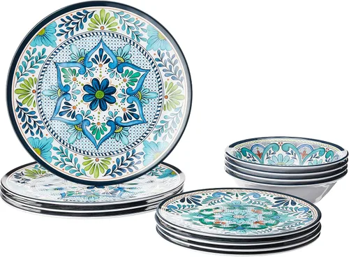 Juego de vajilla Talavera de melamina de 12 piezas – Platos y cuencos multicolores para 4, inspirados en azulejos españoles, duraderos, livianos, a