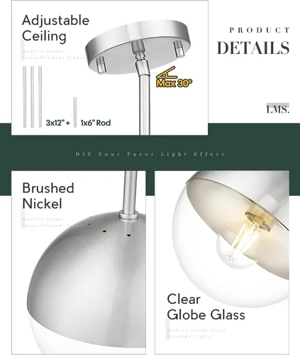 Miniatura 4 de LMS LMS-186BNC - Moderna lámpara colgante de 1 luz, lámpara colgante de isla de cocina de níquel cepillado con vidrio de globo transparente, varilla