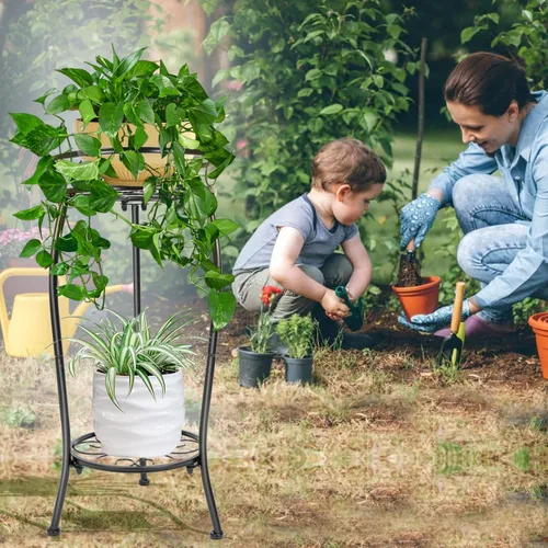 Miniatura 4 de THKFUL Soporte de metal para plantas para interiores y exteriores, soporte de 2 niveles altos para plantas en maceta, soporte para plantas de hierro
