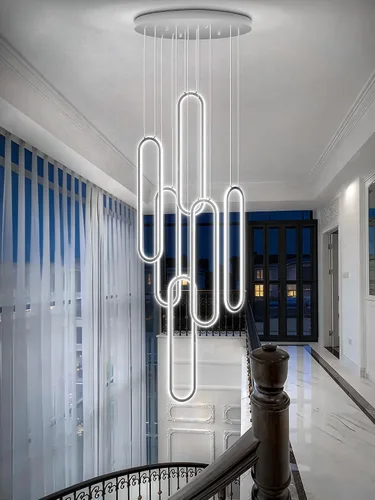 Flashing God Candelabro moderno, candelabros cromados con 6 anillos LED, lámpara de techo alto más grande para sala de estar, lámpara rectangular