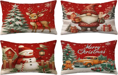 Miniatura 27 de Fundas de Almohada Feliz Navidad 12x12 Juego de 4 Fundas de Almohada de Terciopelo de Navidad Rosa Navidad Invierno Vacaciones Fundas de Almohada