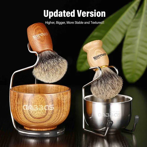 Miniatura 2 de Anbbas Cepillo de afeitar de pelo de tejón puro, mango de madera y jabonera grande con soporte de afeitado de acero inoxidable, kit 3 en 1