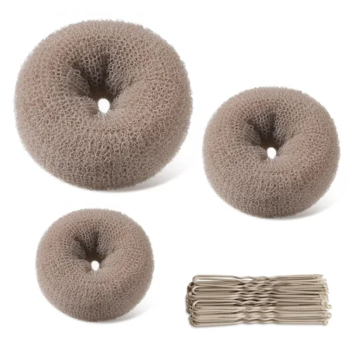 Miniatura 11 de TsMADDTs Máquina para hacer moños de pelo en forma de dona, 3 piezas, color marrón oscuro, estilo anillo, con 20 horquillas en forma de U para bailar