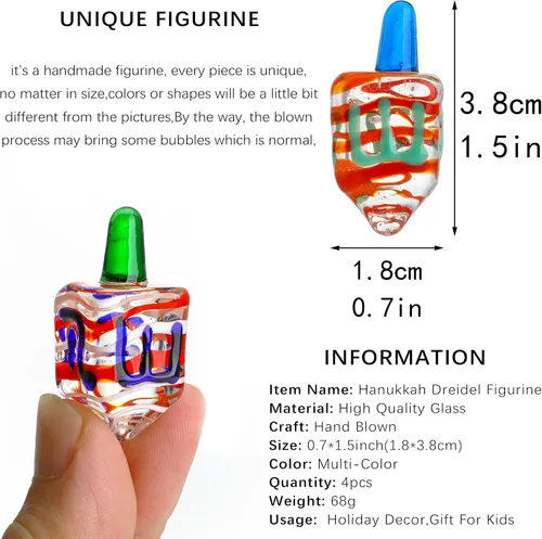 Miniatura 2 de HDCRYSTALGIFTS Set de 4 Figurinas de Dreidel de Janucá Tradicional de Vidrio Soplado Ornamento de 1.5 Pulgadas Vidrio Artístico Dreidel Clásico