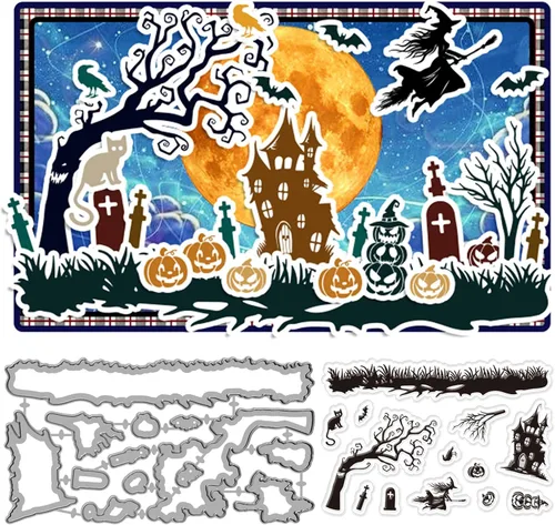 ORIGACH Escenas de Halloween, sellos transparentes y troqueles de corte para hacer tarjetas, juego de sellos de silicona transparente de Halloween y