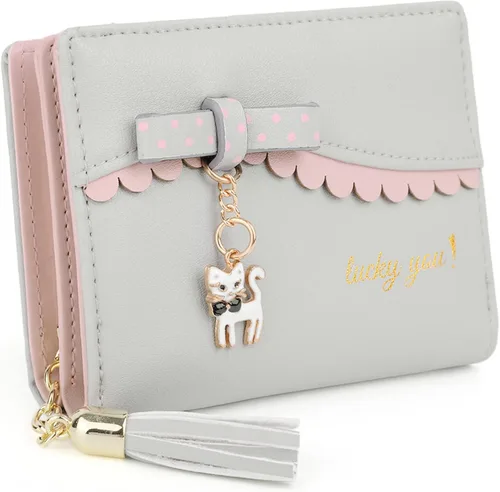 UTO Wallet for Girls Leather Vegan Cute Cat Pendant Card Holder Organizer Women Coin Purse