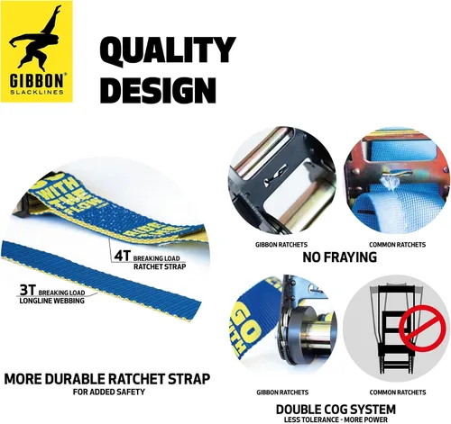 Miniatura 4 de GIBBON Slacklines Flowline con ropa de árbol, amarillo/azul, 82 pies (línea de 74 pies + correa de trinquete de 8 pies con lazo reforzado) línea