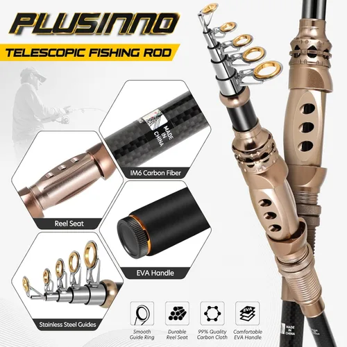 Miniatura 5 de PLUSINNO Combo de caña de pescar y carrete. Caña de pescar telescópica de fibra de carbono con carrete. Kit de pesca para agua salada y agua dulce.