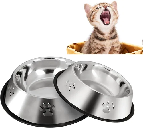 YUDANSI 2 cuencos de acero inoxidable para perros, cuencos de alimentación para cachorros y gatos, plato poco profundo para gatos con base de goma,