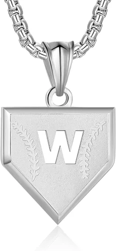 Miniatura 34 de Collar con inicial de la A a la Z para niños, de acero inoxidable, con dije de escudo de letra, cadena de 22 + 2 pulgadas, inspirador de béisbol