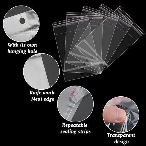 Miniatura 2 de 400 bolsas de plástico transparente autosellantes con agujero para colgar, bolsas de celofán resellables para panadería, galletas, dulces, joyas