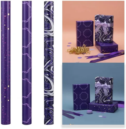 Miniatura 3 de GAKA Rollo de papel de regalo, morado, 3 diseños diferentes de papel de regalo, adecuado para Halloween, Acción de Gracias, Navidad, cumpleaños