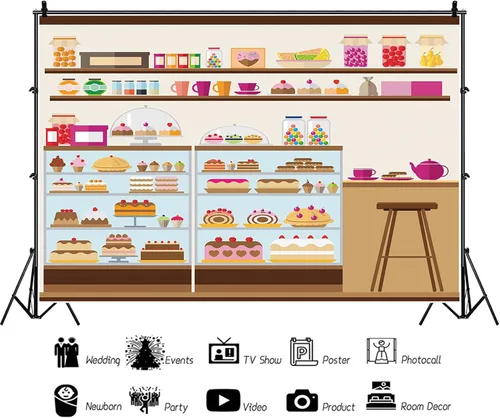 Miniatura 6 de Fondo de estante de panadería de 5 x 3 pies para pastelería y cafetería, pastel de cumpleaños, piruleta, judía, magdalena, pastelería, tienda