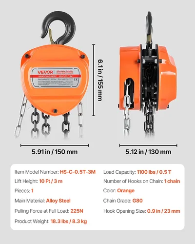 Miniatura 7 de VEVOR Polipasto de cadena manual, capacidad de 1/2 tonelada de 1100 libras, bloque de cadena manual con cadena galvanizada G80 mejorada, altura