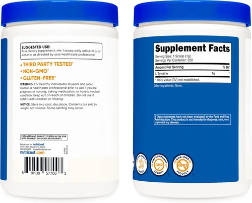 Miniatura 7 de Nutricost L-tirosina en polvo 8.82 oz - polvo puro de L-tirosina 1000mg por porción
