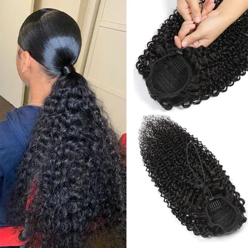 Miniatura 24 de Extensiones de pelo rizado con cordón para cola de caballo, extensiones de cabello humano para mujer con dos clips 1B# 120g/set (71cm)