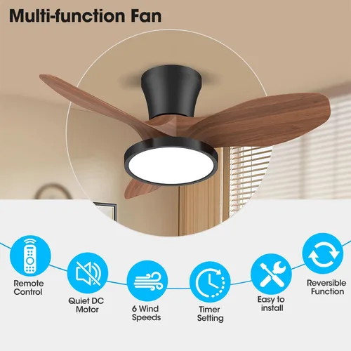 Miniatura 2 de ocioc Ventilador de techo silencioso con luz LED, motor de CC de 32 pulgadas, control remoto de gran volumen de aire, nogal para cocina, dormitorio