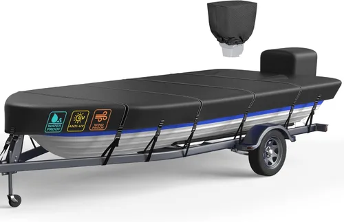 Miniatura 11 de Cubierta de barco Jon de 5 capas 1200D de 14 pies a 16 pies con cubierta de motor, 100% impermeable para remolques Jon Boat cubre 14-16 pies con 9+4