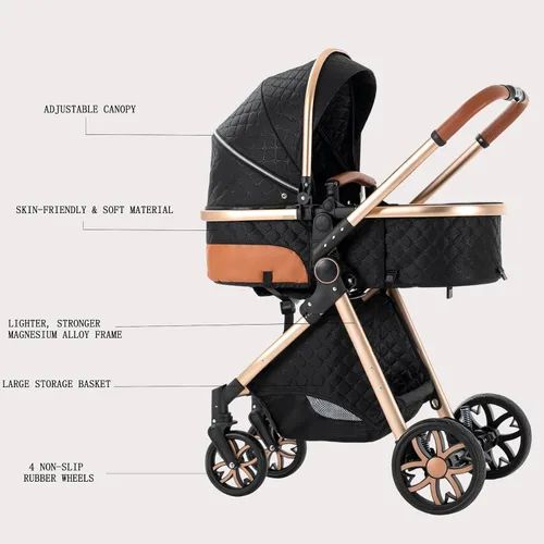 Miniatura 3 de Cochecito de bebé 2 en 1 con función de cochecito, plegable, portátil, cómodo, para bebés de 0 a 36 meses (negro)