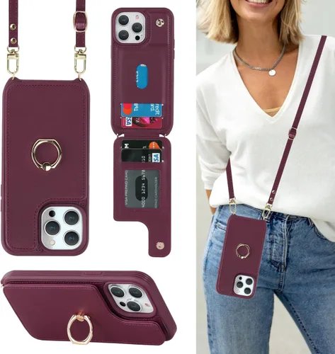Miniatura 19 de Lipvina Funda para iPhone 14 Plus con tarjetero y correa para mujer, cordón cruzado, bloqueo RFID, soporte de anillo de soporte, cierre a presión