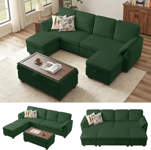 Miniatura 23 de Sofá en forma de U de 102.3 pulgadas con 2 otomanas móviles y 1 mesa auxiliar, se convierte en sofá cama, incluye 2 almohadas para reposabrazos