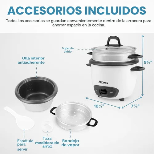 Miniatura 4 de Arrocera y vaporera Aroma Arc, 3 tazas (sin cocinar), 6 tazas (cocidas), paquete de de 1, Blanco