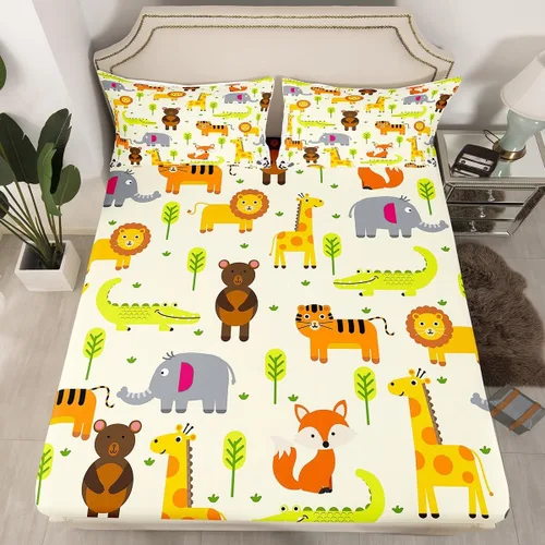Miniatura 2 de Erosebridal Juego de sábanas de animales de la selva para niñas y niños, juego de sábanas de safari salvaje con diseño de elefante, oso, tigre