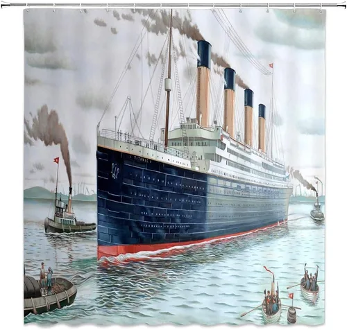 Cortina de ducha de decoración náutica, retro, clásica, barco Titanic, paisaje, acuarela, arte de baño, cortinas de tela de poliéster con gancho,