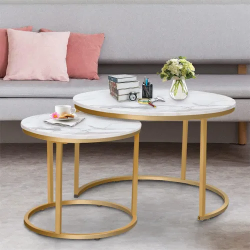 Miniatura 9 de Garden 4 you Mesa auxiliar anidable de mármol blanco sintético para lugares pequeños, 2 juegos de muebles modernos, juegos de sala de estar, mesa