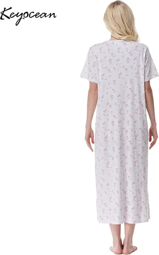 Miniatura 2 de Keyocean - Camisón de manga corta para mujer, 100 % algodón, suave, cómodo, ligero, con encaje, para verano, ropa de dormir