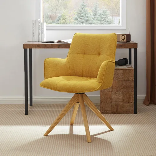 Miniatura 13 de Zouron Silla de escritorio giratoria sin ruedas, silla de oficina tapizada con patas de madera de roble, sillón moderno para espacios pequeños