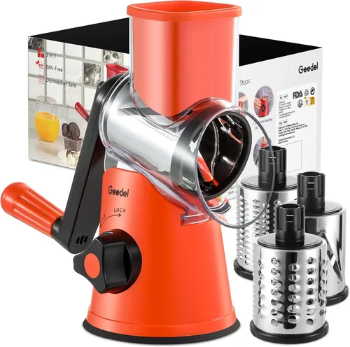 Miniatura 17 de Rallador de queso giratorio Geedel con 3 cuchillas intercambiables, rallador de mandolina de cocina para verduras, frutas, nueces, fácil de limpiar