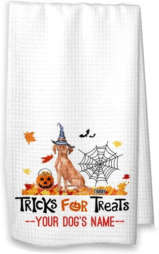 Trucos para golosinas Vizsla - Toalla de cocina de Halloween para decoración de otoño Vizsla (toalla blanca, Vizsla con nombre)