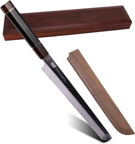 FINDKING Cuchillo Sakimaru de la Serie Prestige con Funda de Nogal, Hoja de Acero Damasco Japonés SKD11, Mango Octagonal de Madera de Ébano,