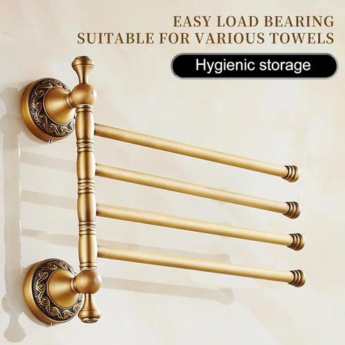 Miniatura 5 de Soporte de Toalla Plegable Montado en Pared para Baño, 4 Barras de Toalla con Patrón de Latón Antiguo Tallado, Bronce Cepillado