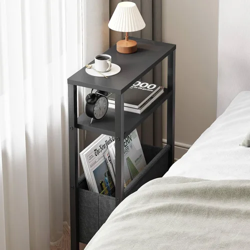 Miniatura 5 de Mesa Auxiliar Estrecha, Mesa Lateral Delgada con Revistero, Mesita de Noche para Espacios Pequeños, Mesa de 3 Niveles para Sofá y Sillón, Mesita