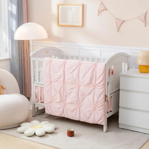 Miniatura 2 de PINNKKU - Juego de cama de 3 piezas para bebé niño o niña, incluye falda, manta y sábana, ropa de cama para bebé, diseño fruncido y plisado en rosa