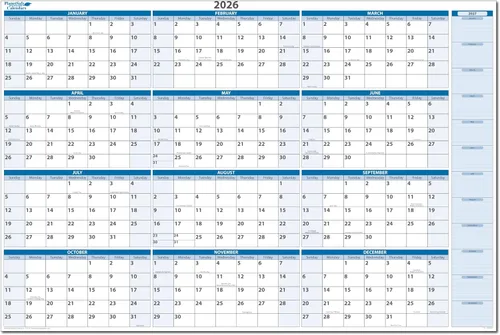 Calendario de pared horizontal borrable en húmedo y seco, azul cielo 2026, 36 pulgadas de alto x 56 pulgadas de ancho con área de planificación del