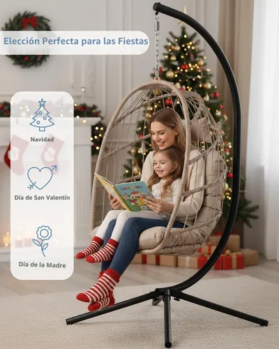 Miniatura 2 de SWITTE Silla de Huevo para Exteriores con Soporte, Silla Columpio Colgante de Mimbre para Interiores con Cojín, Capacidad de 350 libras para Patio