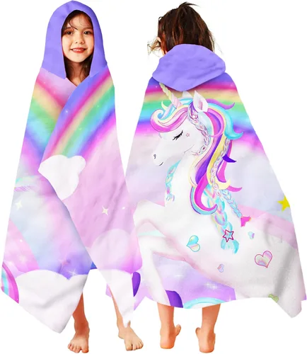 Toalla con capucha de unicornio, toalla de playa de unicornio para niñas, 30 x 50 pulgadas, microfibra rosa arcoíris absorbente, secado rápido,