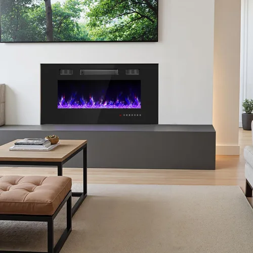 Miniatura 2 de Chimenea eléctrica de 36 pulgadas, chimenea eléctrica montada en la pared con control remoto y temporizador, chimeneas calefactoras de bajo ruido